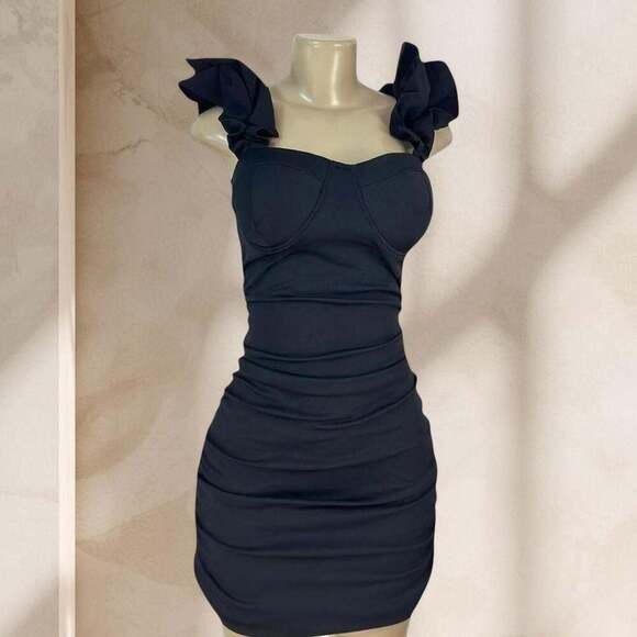 Suviafashion Dresses & Skirts - Black Ruched Mini Dress – Ruffle Strap Bodycon Corset Style Sexy Elegant ✧ L
